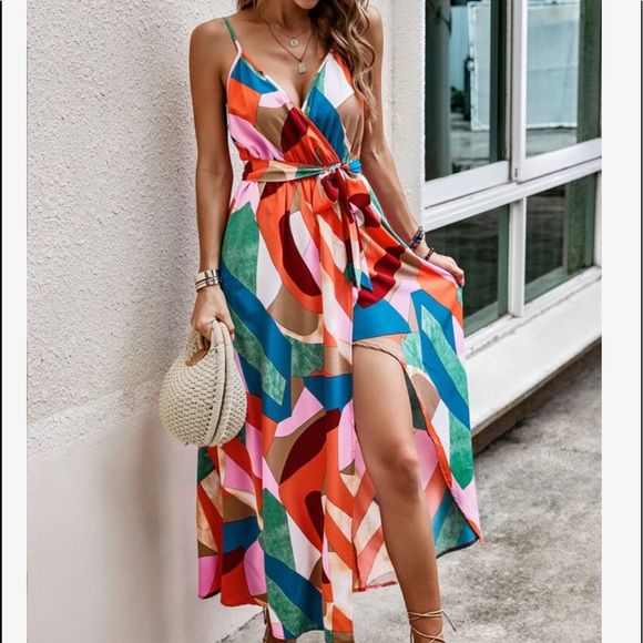 Boho Geo Abstract PatchWork Print WRAP Belted Maxi Dress - Picture 5 of 5
